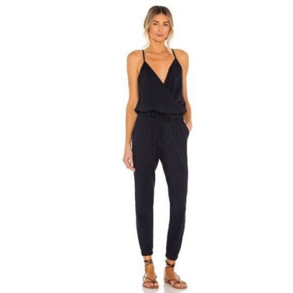 BOBI Navy Blue Supreme Jersey Tied Waist V-Neck Faux Wrap Jumpsuit Size Medium